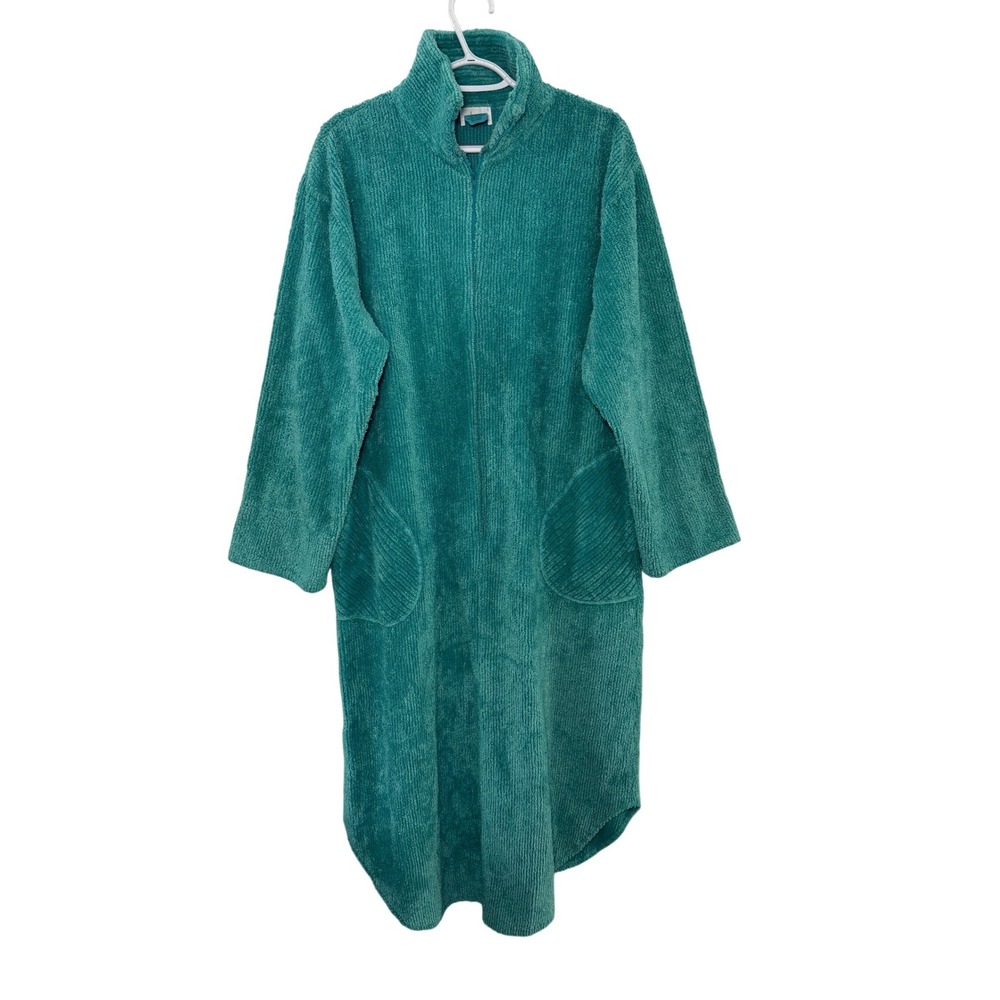 Adonna Teal Corduroy Plush‎ Zip Up Long Robe Bathrobe Loungewear Women Medium